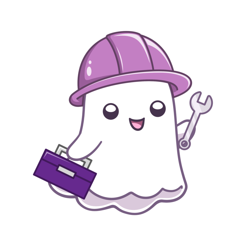 A ghost in a hard hat, carrying a toolbox and a wrench