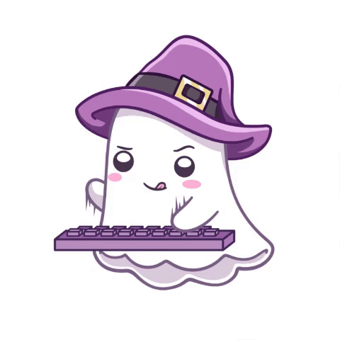 A ghost in a witch hat, typing away at a keyboard